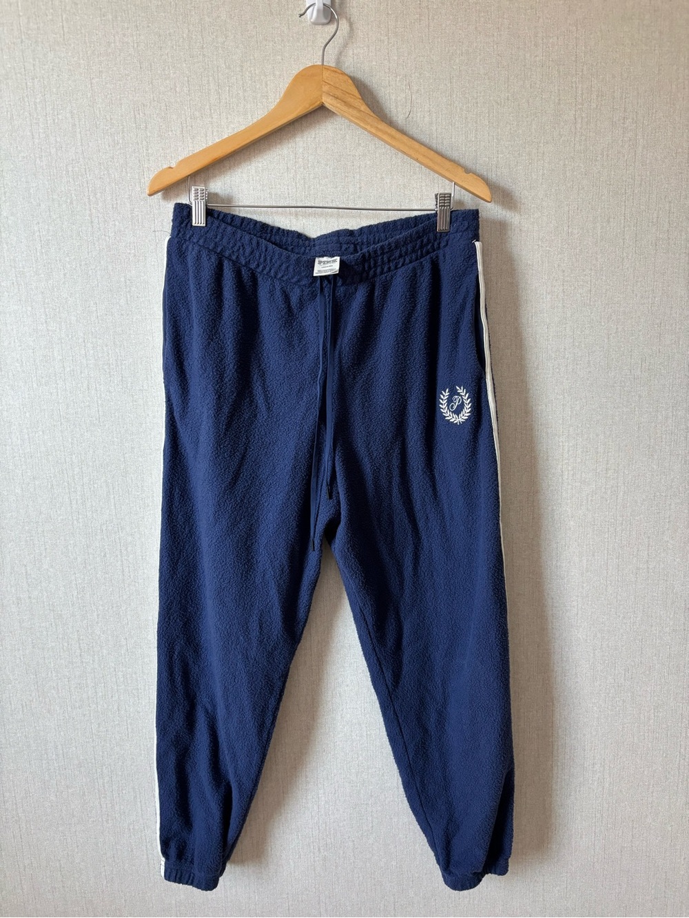 Victoria's Secret Navy Jogger Pants with White Side Stripe and Laurel Emblem
